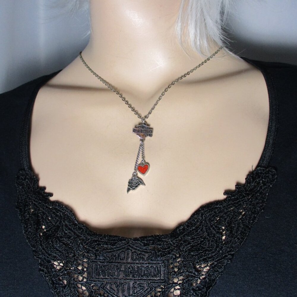 Harley Davidson Bar Shield Rose Heart Gemstones HD Necklace Valentine Ride Safe